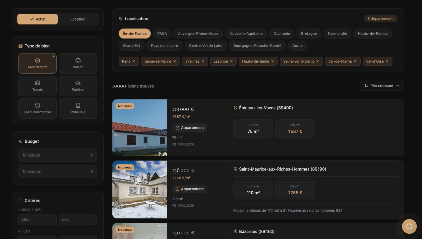 Interface de recherche de biens SigmaCore